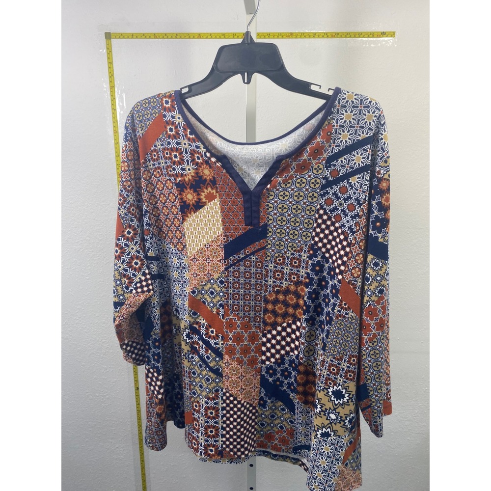 Kim Rogers Curvy Womens 3X Patchwork Print Notched V-Neck Long Sleeve Blouse Top